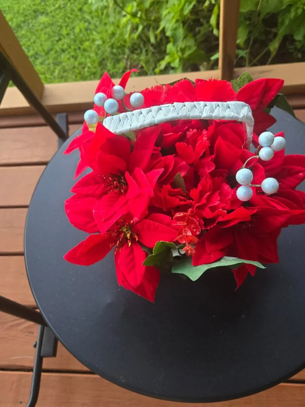Red Poinsettia Christmas Floral Basket Holiday Centerpiece Decor